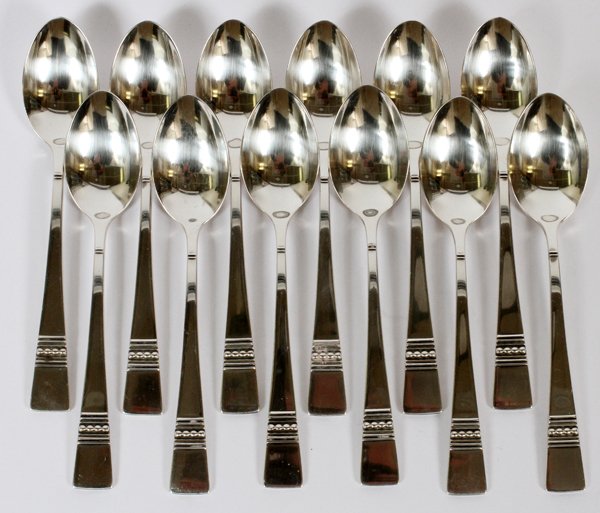 REED & BARTON 'DIADEM' STERLING DEMI SPOONS SET: REED & BARTON 'DIADEM' STERLING DEMI TASSE SPOONS, SET OF TWELVE, L 4 3/8":No monogram. Totaling approximately 6.7 troy oz. From the Estate of Anne Harnett, Grosse Pointe Park, Mi.