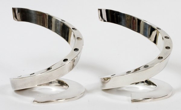 DANSK CANDLESTICKS DESIGNED BY BERTIL VALLIEN PAIR: DANSK CANDLESTICKS DESIGNED BY BERTIL VALLIEN, PAIR, H 5.5":Each plated silver candlestick holds twelve candles and is stamped "Dansk, France, BV" (see additional photo). From the Estate of Anne Harne