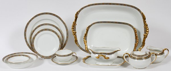 VIGNAUD LIMOGES PORCELAIN DINNER SET 69 PIECES: VIGNAUD, LIMOGES PORCELAIN DINNER SET, 69 PIECES (SERVICE FOR ELEVEN):The service for eleven includes dinner plates, salad plates, bread plates, cups and saucers and berry bowls; accompanied by one ad