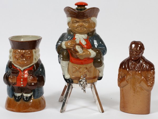 ROYAL DOULTON/ LAMBETH STONEWARE FIGURAL VESSELS: ROYAL DOULTON/DOULTON LAMBETH STONEWARE FIGURAL VESSELS, THREE, H 7"-11":Including 1 Doulton Lambeth figural bottle in the form of Theodore Roosevelt, impressed marks, 556615, H.7 1/4"; 1 toby jug, H.