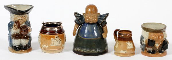 DOULTON LAMBETH/ROYAL DOULTON STONEWARE: DOULTON LAMBETH/ROYAL DOULTON STONEWARE TOBY JUGS, FIGURAL INKWELL & OTHERS, FIVE PIECES, H 1 1/2"-3":Doulton Lambeth includes 1 miniature pitcher, #7307, and 1 barrel-form toothpick holder with silve