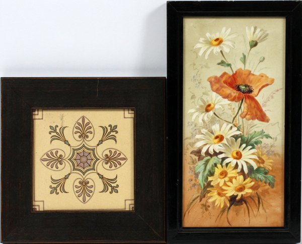MINTONS/MINTON HOLLINS & CO. PAINTED POTTERY TILES: MINTONS/MINTON, HOLLINS & CO. PAINTED POTTERY TILES, TWO, H 6" & 12", FRAMED:Stoke-on-Trent pottery includes 1 Mintons tile painted with anthemion and sprays in purple and blue on a chamois ground, 6"