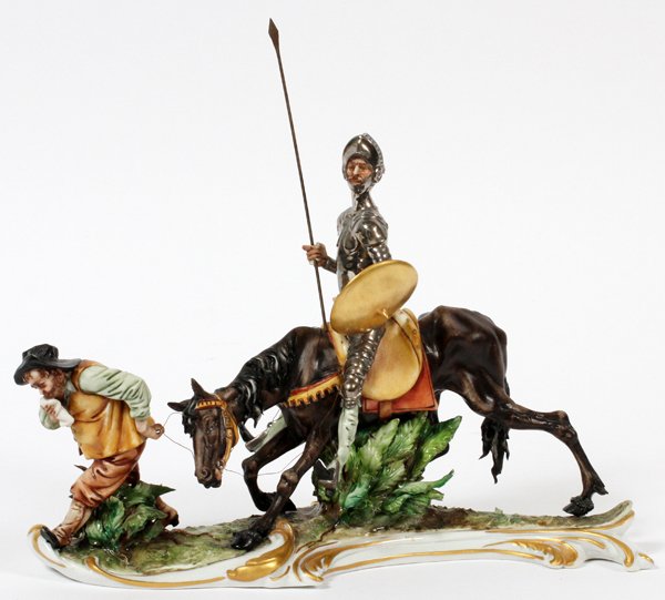 CAPO DI MONTE PORCELAIN FIGURAL GROUP: CAPO DI MONTE PORCELAIN FIGURAL GROUP, L 9 1/2", DON QUIXOTE:Figural group depicting Don Quixote on horse back in a silvered suit of armor, with Sancho Panza leading. Marked at underside, measuring H.