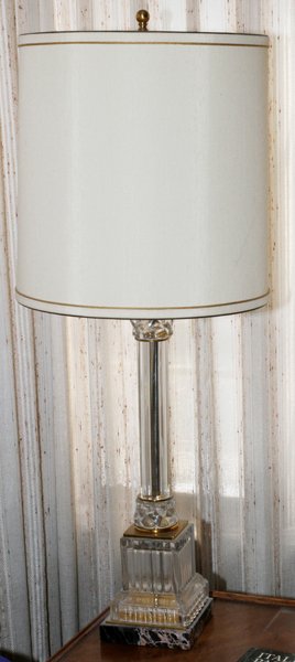 GLASS COLUMNAR TABLE LAMP: GLASS COLUMNAR TABLE LAMP, H 38":Brass fittings, on a marble base. From the Estate of Anne Harnett, Grosse Pointe Park, Mi.