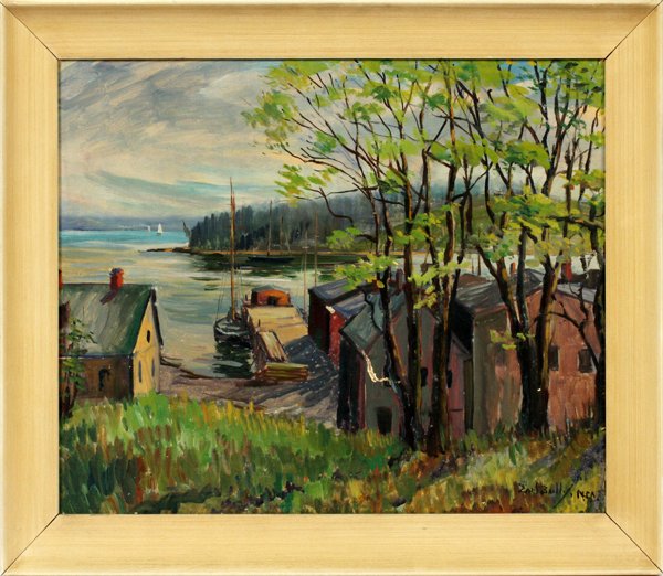 EARL BAILLY OIL ON BOARD: EARL BAILLY, OIL ON BOARD, H 15", W 19", NOVA SCOTIA WHARF:Signed. Image size is 15.5" x 19.5". Bailly was a Canadian artist, (1903 - 1977) a paraplegic from age 3 and painted by holding a brush in hi