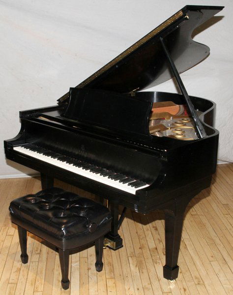 STEINWAY & SONS BLACK EBONY MODEL L GRAND PIANO: STEINWAY & SONS, BLACK EBONY MODEL "L" GRAND PIANO, W 57 1/2" L 69" APPROX.:Steinway & Sons model L piano, serial no. 448737L. Includes a bench, with leather tufted seat. Measuring H. 38" x 57 1/2" x