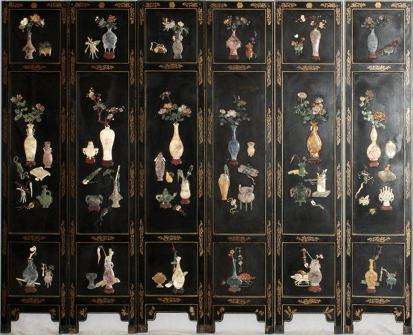 CHINESE JADE AND HARDSTONE SCREEN PANELS SIX EACH: CHINESE JADE AND HARDSTONE SCREEN PANELS, SIX, H 72", L 16" EACH:The black lacquered panels are decorated with jade and hardstones depicting flowers and vases. The reverse is also in black lacquer wit