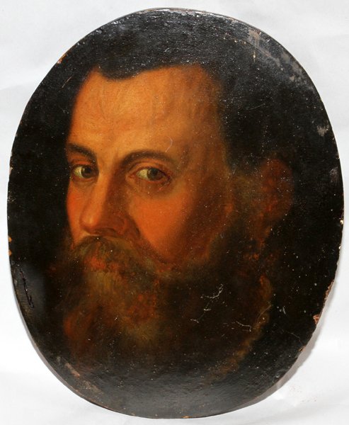 OVAL OIL ON WOOD PANEL MAN W/ BEARD: OVAL OIL ON WOOD PANEL, MAN WITH BEARD, H 12", W 10":Circa 1850; unsigned; unframed.