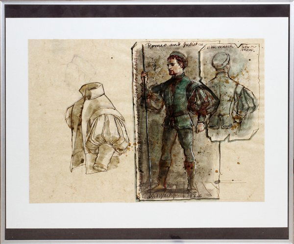 DAVID WALKER WATERCOLOR ON PAPER 1984: DAVID WALKER (20TH C.), WATERCOLOR ON PAPER, 1984, 14" X 19", COSTUME FROM 'ROMEO & JULIET':Signed and dated lower center, under glass, in a metal frame. From the Estate of Anne Harnett, Grosse Pointe