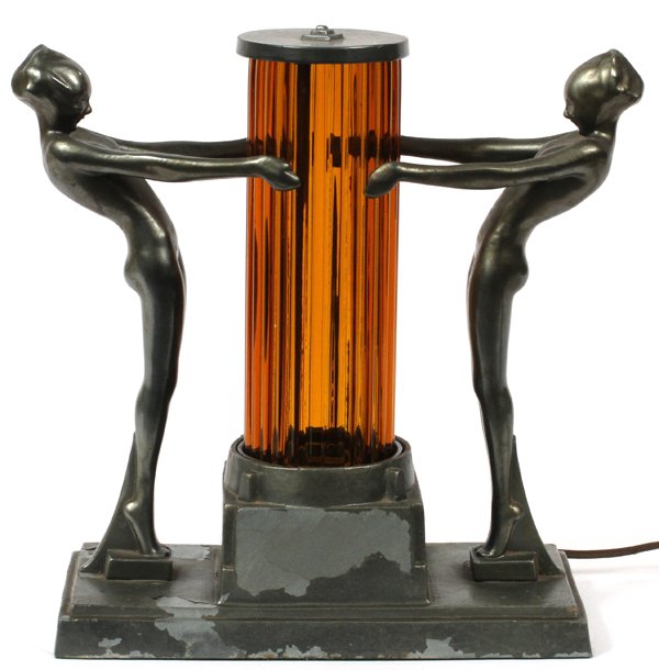 FRANKART NO. L-246 ART DECO TABLE LAMP C1930: FRANKART NO. L-246, ART DECO TABLE LAMP, C1930, H 11", W 12":'Frankart' American art deco figural table lamp depicting two nude females with upper torsos gradually arched backward with outstretched ar