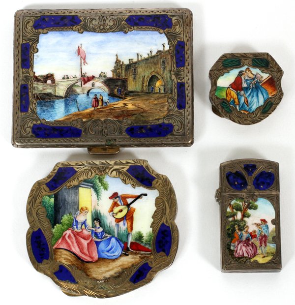 ITALIAN .800 SILVER & ENAMEL CIGARETTE CASE&LIGHTER: ITALIAN .800 SILVER & ENAMEL COMPACTS (2), CIGARETTE CASE & LIGHTER, FOUR:Including one compact, and one rouge compact; together with a cigarette case and lighter. Decorated in courting scenes and sce