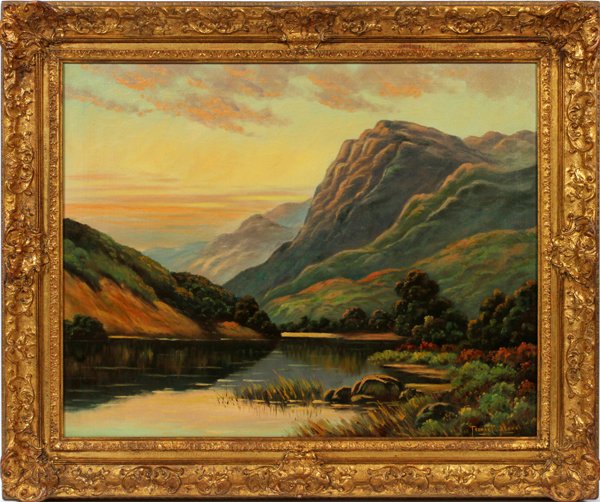 THOMAS C. BLAKE OIL ON CANVAS: THOMAS C. BLAKE, OIL ON CANVAS, H 24", L 30", SUMMER MOUNTAIN LANDSCAPE:Thomas C. Blake [American B 1890]. A Summer mountain landscape with a river in the foreground. Signed lower right; gilt wood fra