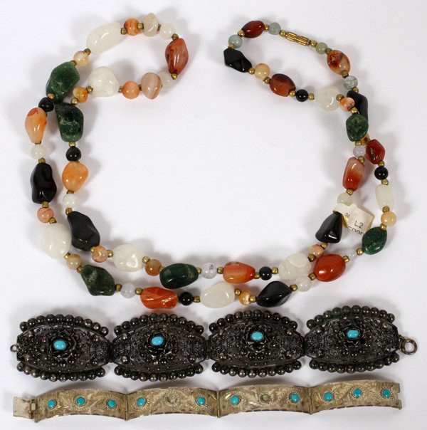MEXICAN SILVER & STERLING BRACELETS &STONE NECKLACE: MEXICAN SILVER AND STERLING BRACELETS AND ONE POLISHED STONE NECKLACE, L 32" NECKLACE:includes on Sterling silver and turquoise bracelet, having three small turquoise beads on each engraved link 7" L.