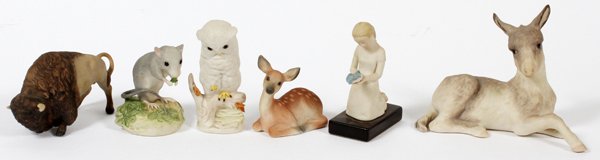 CYBIS PORCELAIN ANIMALS 6 PCS.: CYBIS PORCELAIN ANIMALS, 6 PCS.:Buffalo 5" x 5 3/4", design 640; deer mouse in clover 3", design 660; baby owl 4 1/2", design 334; pet doe "Petunia" 3 1/2", design 641; bird "First Flight 4 1/2", desi