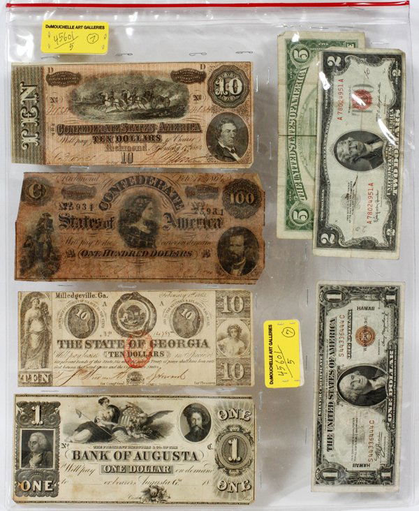 U.S PAPER CURRENCY & CONFEDERATE NOTES 1863: U.S PAPER CURRENCY & CONFEDERATE NOTES 1863 (7):Uncirculated, unused 'One Dollar', ' Bank of Augusta' 18?!! unsigned & no date. Vertical -folds(1), The 'State of Georgia', 'Ten Dollars', Milledgeville