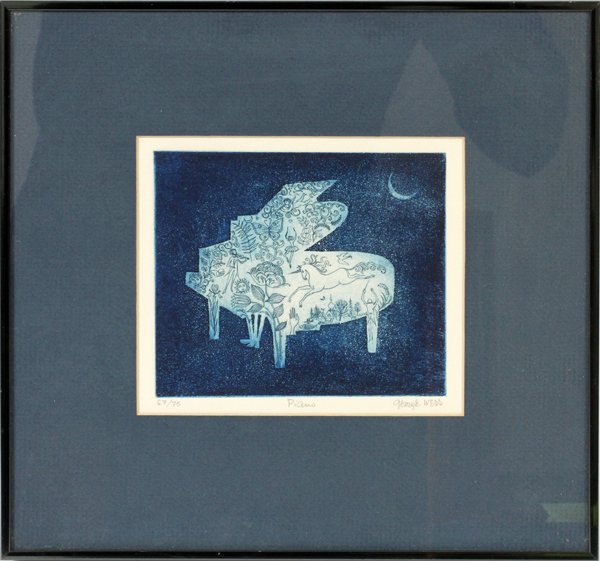 GEORGE IVERSETCHING ON PAPER: GEORGE IVERS [POLISH, 20TH C.], ETCHING ON PAPER, H 4 1/2" W 5 1/2", "PIANO":Pencil signed at the lower right, entitled, "Piano", edition #67/75. Matted and framed under glass. Image size measuring H.