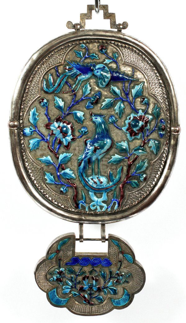 CHINESE SILVER & ENAMEL MIRROR: CHINESE SILVER & ENAMEL MIRROR, C. 1900, L 14" X 7":Reverse with exotic birds and flowers. Mirror is beveled and inset in silver.