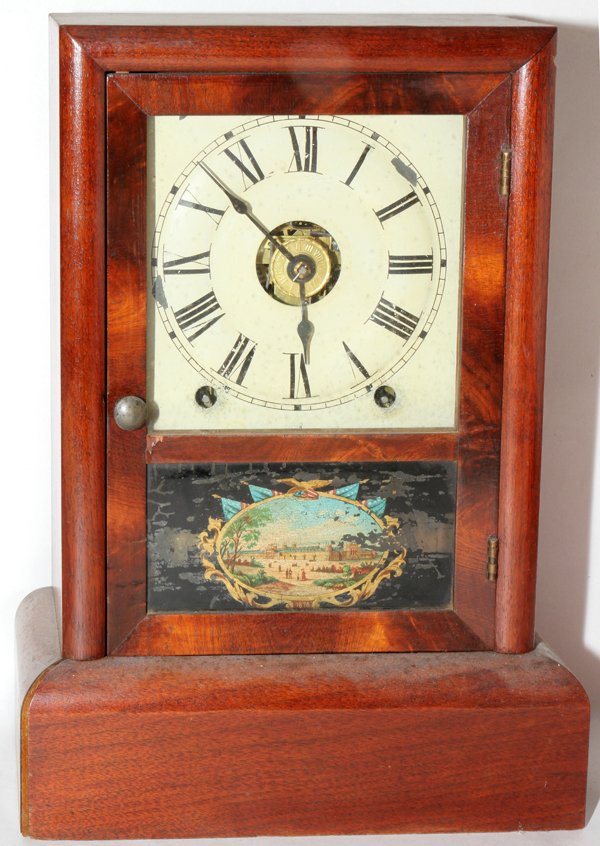 SETH THOMAS MAHOGANY & EGLOMISE CLOCK 19TH C.: SETH THOMAS MAHOGANY & EGLOMISE CLOCK, 19TH C., H 14", W 10":Mahogany case with eglomise panel on the glass door which opens to reveal an enameled face H 14 1/2", L 10"