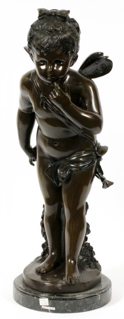 AFTER AUGUSTE MOREAU BRONZE SCULPTURE: AFTER AUGUSTE MOREAU, BRONZE SCULPTURE H 25", A FAIRY:Signed, on a round marble base. Renaissance brown patina. Auguste Moreau, French, 1860-1906.