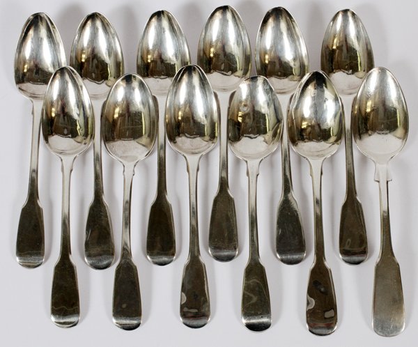 GEORGE III STERLING TEASPOONS BY S. ROYES & J. DIX: GEORGE III STERLING TEASPOONS (11) BY S. ROYES & J. DIX, LONDON, 1818-19, & ONE OTHER TEASPOON:A set of 11 sterling silver fiddle back teaspoons, marked 'SR' and 'IED' for Solomon Royes and James East