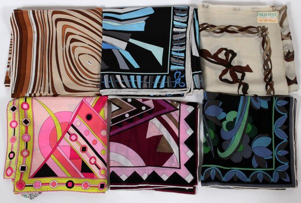 EMILIO PUCCI SILK SCARVES SIX-35 SQUARE: EMILIO PUCCI SILK SCARVES, SIX, W 17"-35" SQUARE:Including five silk scarves, two of which are chiffon, and one cotton scarf. Measuring W. 35" x 35", W. 34" x 34", and W. 17" x 17". All labeled within