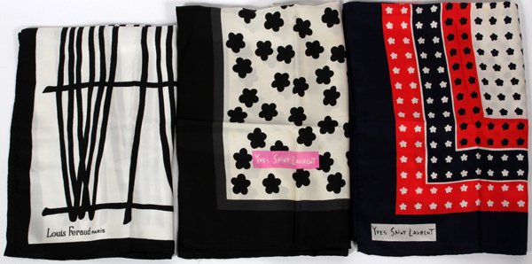 FERAUD & YVES SAINT LAURENT SILK SCARVES THREE: FERAUD & YVES SAINT LAURENT SILK SCARVES, THREE, W 30 1/2"-33", L 32"-34":Including one Louis Feraud silk scarf, measuring W. 30 1/2" x 32", labeled within print: Louis Feraud Paris. Together with two