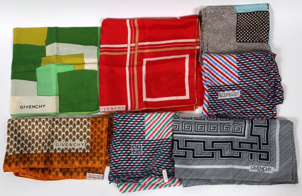 GIVENCHY SILK & COTTON SCARVES ELEVEN: GIVENCHY SILK & COTTON SCARVES, ELEVEN, W 21 1/2"-30", L 21 1/2"-30":Including nine silk scarves, and two cotton scarves. Three are labeled within print: Givenchy, seven are labeled: Givenchy Nouvelle