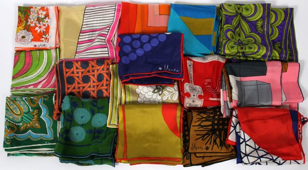 VERA NEUMANN SILK & COTTON SCARVES: VERA NEUMANN SILK & COTTON SCARVES (16), W 13"-25", L 21"-43":Vera Neumann [American, 1907-1993]. Including fourteen silk scarves, and two cotton scarves, measuring W. 21" x 21", W. 25" x 25", and W. 