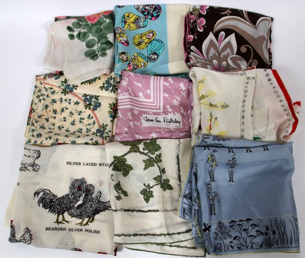 VINTAGE & DESIGNER SILK SCARVES NINE: VINTAGE & DESIGNER SILK SCARVES, NINE, W 17"-27" SQUARE:Including two Liberty of London scarves, both labeled within print: Liberty of London, Made in England; together with two Brooke Cadwallader sca