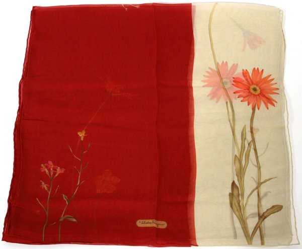 SALVATORE FERRAGAMO SILK OBLONG SCARF: SALVATORE FERRAGAMO SILK OBLONG SCARF, 60" X 16":Sheer silk scarf of cream and red with floral motif. Labeled: Salvatore Ferragamo.