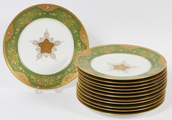 CHARLES J. AHRENFELDT LIMOGES PORCELAIN PLATES- 12: CHARLES J. AHRENFELDT, LIMOGES PORCELAIN PLATES, SET OF 12, DIA 9 3/4":Including 12 plates, decorated in gold foliate and floral motif, having five hand painted pink rose reserves along the green bord