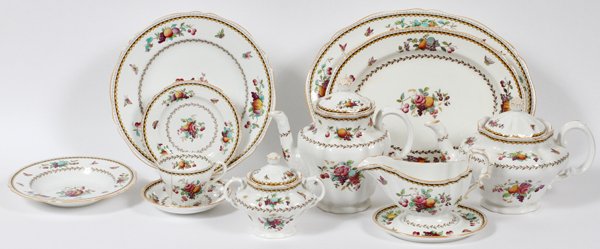 SPODE 'ROCKINGHAM' PORCELAIN DINNER SET 56 PIECES: SPODE 'ROCKINGHAM' PORCELAIN DINNER SET, 56 PIECES:Including 11 dinner plates, Dia.10 1/2", 11 bread-and-butter plates, 12 rim soup bowls, Dia.7 7/8", and 11 cups, as well as 1 coffee pot, 1 teapot; 1