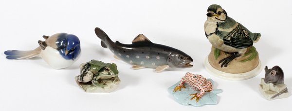 ROYAL COPENHAGEN HEREND & OTHER MINIATURE FIGURES: ROYAL COPENHAGEN, HEREND, BOEHM & OTHER PORCELAIN MINIATURE FIGURES, SIX:Including Boehm Blue Jay, H 4"; Royal Copenhagen mouse, H 1 1/2; B & G Sparrow, L 5"; B & G fish, L 6", Eeichenbach frog; Heren