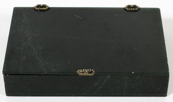 RUSSIAN SERPENTINE & MARCASITE BOX EARLY 20TH C.: RUSSIAN SERPENTINE & MARCASITE BOX, EARLY 20TH C., L 4 3/4":Rectangular box with hinged cover, marcasite hinges and lift. No apparent markings. Measures H.7/8" x 4 3/4" x 3".