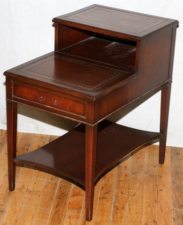 MAHOGANY TWO-TIER END TABLE: MAHOGANY TWO-TIER END TABLE, H 25", W 16", D 24":With drawer. Circa 1940. One drawer.