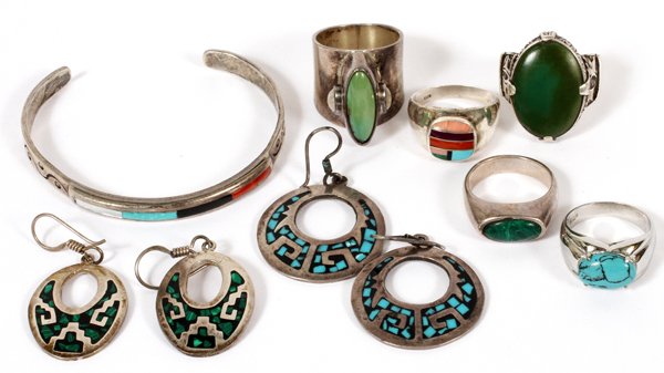 AMERICAN & MEXICAN STERLING EARRINGS RINGS & BANGLE: NATIVE AMERICAN & MEXICAN STERLING EARRINGS, RINGS & BANGLE, 2.05TR.OZ., EIGHT PIECES:Includes an Indian handmade sterling bangle; two pairs of Mexican sterling dangle earrings, both measuring L. 2"; 