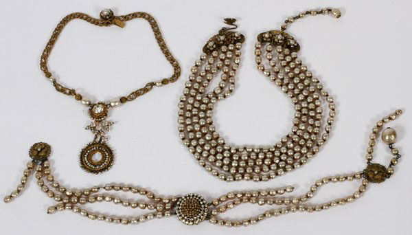 MIRIAM HASKELL COSTUME NECKLACES THREE: MIRIAM HASKELL COSTUME NECKLACES, THREE, L 12"-14":Gold tone metal and faux Baroque pearls, including 1 single strand, 1 triple-strand, and 1 quadruple-strand; all are signed.