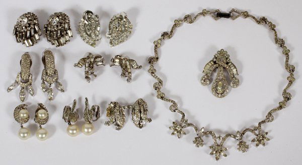 JOMAZ & OTHER COSTUME EARCLIPS NECKLACE/BROOCH: JOMAZ, MAZER, TRIFARI, & OTHER COSTUME EARCLIPS, SEVEN PAIRS, JOMAZ NECKLACE & BROOCH:Signed rhinestone pairs of earclips include 1 Kramer, 1 Jomaz, 1 Mazer, 1 Trifari, and 1 Astra, together with 2 un