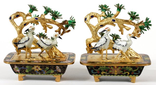 CHINESE ENAMEL & CLOISONNÉ MINIATURE JARDINIÈRES: CHINESE ENAMEL & CLOISONNÉ MINIATURE JARDINIÈRES, PAIR, L 2 3/4":H 3". Cloisonné jardinières decorated with two cranes and pine boughs.