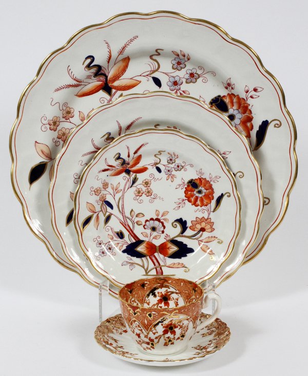 BOOTHS 'FRESIAN' POTTERY PLATES: BOOTHS 'FRESIAN' POTTERY PLATES (9), A8022, GERMAN SAUCERS & CUP:Including 3 plates, Dia.10 1/4", 3 plates, Dia.7 3/4", 3 plates, Dia.6", and 6 German saucers,4 3/4" and 1 cup German with Imari colors