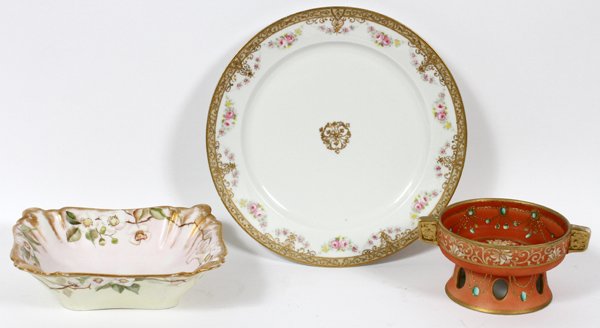 NIPPON & LIMOGES HAND PAINTED PORCELAIN 4 PIECES: NIPPON & LIMOGES HAND PAINTED PORCELAIN, C. 1900, FOUR PIECES:Nippon compote with raised chrysanthemum at center and at border circa 1910. H 3 1/2", W 7 1/2", Also Havilland Limoges hand painted open 