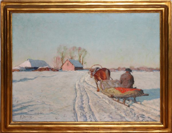 ANDREI AFANAS'EVICH EGOROVOIL ON BOARD: ANDREI AFANAS'EVICH EGOROV (RUSSIAN 1878-1954), OIL ON BOARD, H 22", W 29", HORSE DRAWN SLED:Signed lower left; framed.
