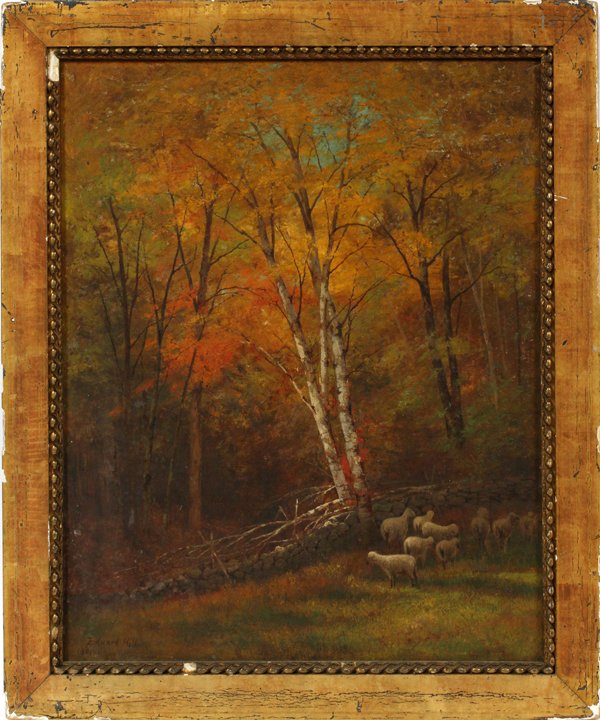EDWARD HILLOIL ON CANVAS 1901: EDWARD HILL [AMERICAN, 1843-1923], OIL ON CANVAS, 1901, H 20" W 16", AUTUMN LANDSCAPE WITH SHEEP:Signed and dated at the lower left. Depicting a herd of sheep in a forested autumn landscape. Canvas si