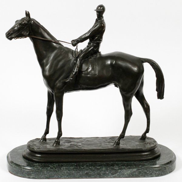 AFTER ALFRED BARYE FILS BRONZE SCULPTURE: AFTER ALFRED BARYE FILS BRONZE SCULPTURE, H 15.5", L 16.5", RACEHORSE WITH JOCKEY UP:Alfred Barye Fils [French 1839-1882]. Original cast dated 1868. On a marble base H 1.5".