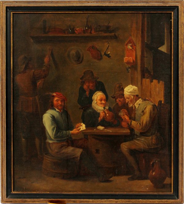 GERMAN SCHOOL OIL ON CANVAS 19TH C.: GERMAN SCHOOL OIL ON CANVAS, LATE 19TH C. TO C. 1900, H 20", W 17", RATHSKELLER SCENE:Depicts a rathskeller scene with six figures; unsigned; framed.