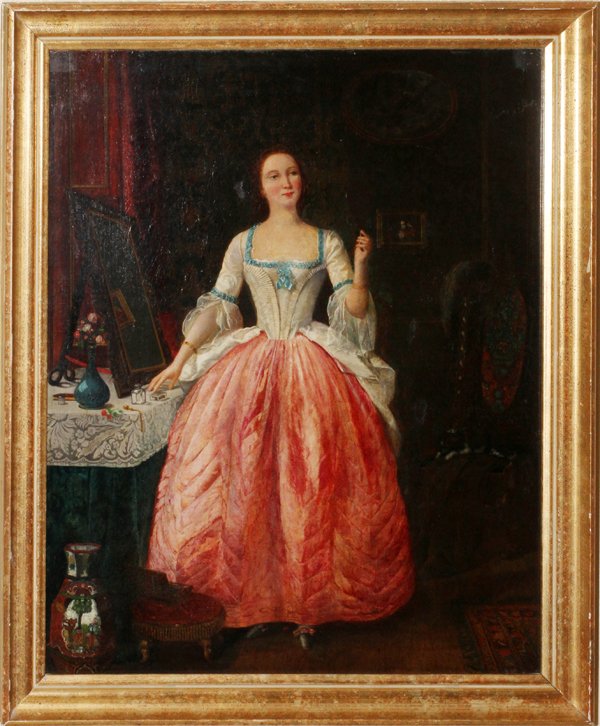 ANTIQUE OIL ON CANVAS: ANTIQUE OIL ON CANVAS, 27" X 21 1/2", PORTRAIT OF A WOMAN:Framed. Elegant lady in room setting holding hand mirror with table mirror in ground. Circa 1820. Possibly Dutch.