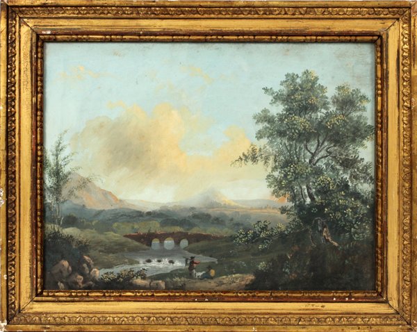 MANNER OF JOHN LAPORTE GOUACHE 19TH C.: MANNER OF JOHN LAPORTE, GOUACHE, 19TH C., H 12", W 16", LANDSCAPE WITH RIVER & 2 FIGURES:Depicts a Italian landscape with figure in foreground; unsigned; on paper appearing to be laid down. Framed. La