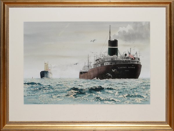 GREG TISDALE WATERCOLOR: GREG TISDALE, WATERCOLOR, H 15" W 23", "ALASTAIR GUTHRIE WILLMINGTON" FREIGHTER:Depicts a Great Lakes ship " Alastair Guthrie" which is out at sea. Framed and matted under glass. Signed lower left.