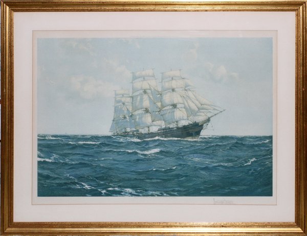 AFTER MONTAGUE DAWSON COLLOTYPE: AFTER MONTAGUE DAWSON, COLLOTYPE H 17", W 25", CLIPPER SHIP:Pencil signed lower right. Framed and matted under glass. Depicts a large three masted ship at sea. Gilt wood frame. Published by Frost and