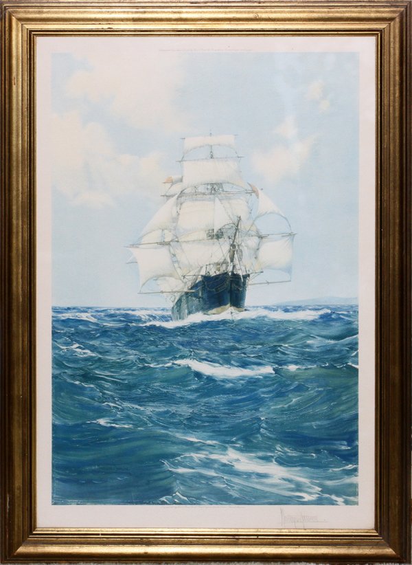 AFTER MONTAGUE J. DAWSON COLLOTYPE 1928 COPYRIGHT: AFTER MONTAGUE J. DAWSON, COLLOTYPE, 1928 COPYRIGHT, H 25", W 17", SAILING SHIP:Pencil signed lower right. Framed and matted under glass. Published by Frost and Reed.